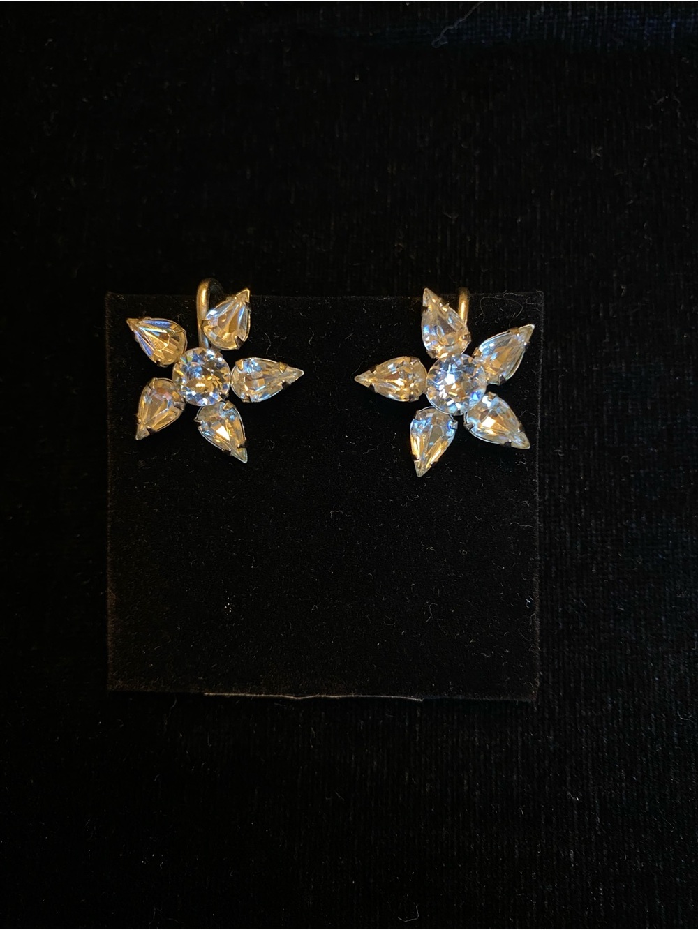 Vintage Silver Flower Crystal Earrings - Clear